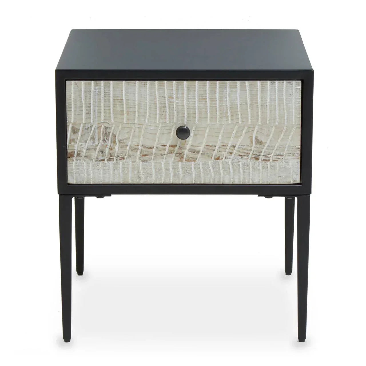 Modern bedside table with black frame, single textured wood drawer, and slim metal legs