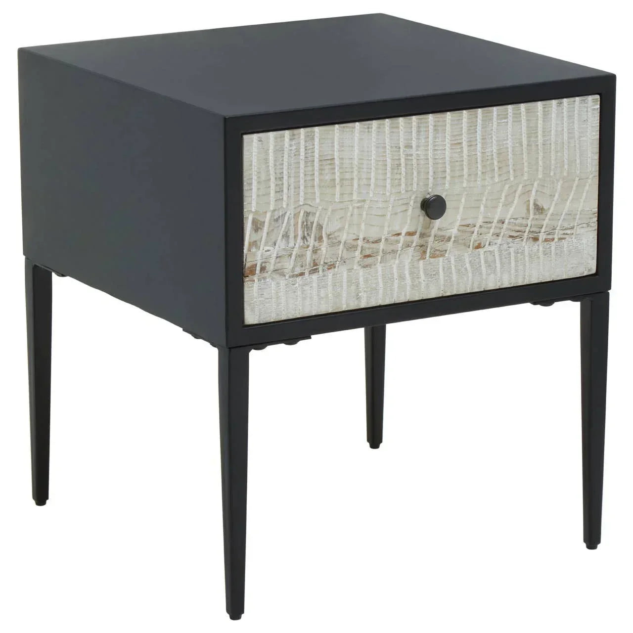 Black bedside table with textured cream drawer and slim metal legs