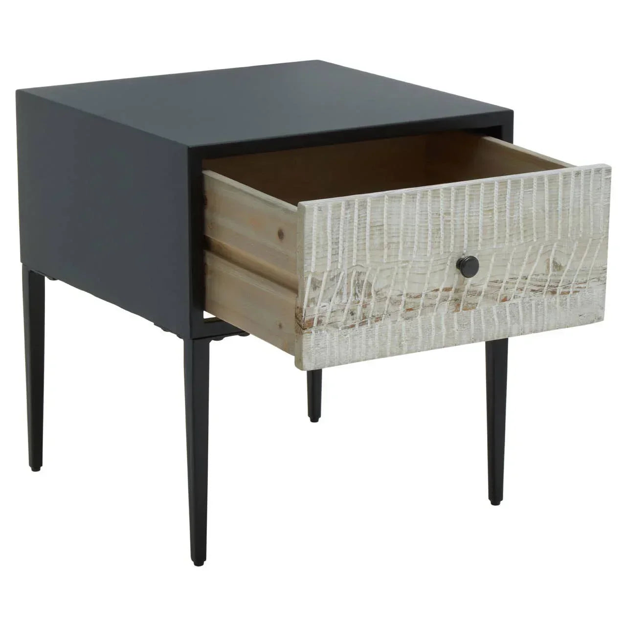 Modern bedside table with textured wood drawer front and black metal legs, drawer open