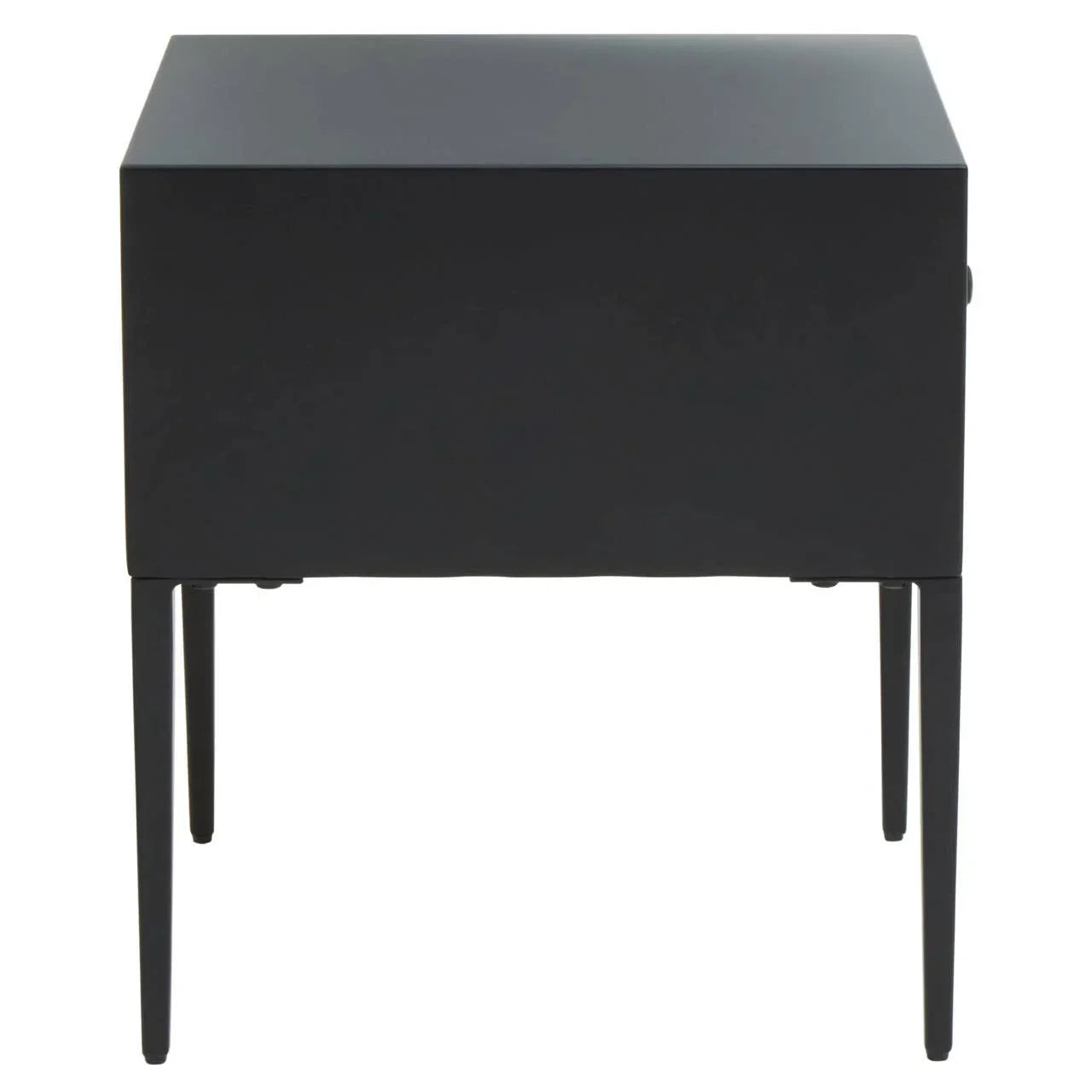 Black metal side table with four slim legs, front view