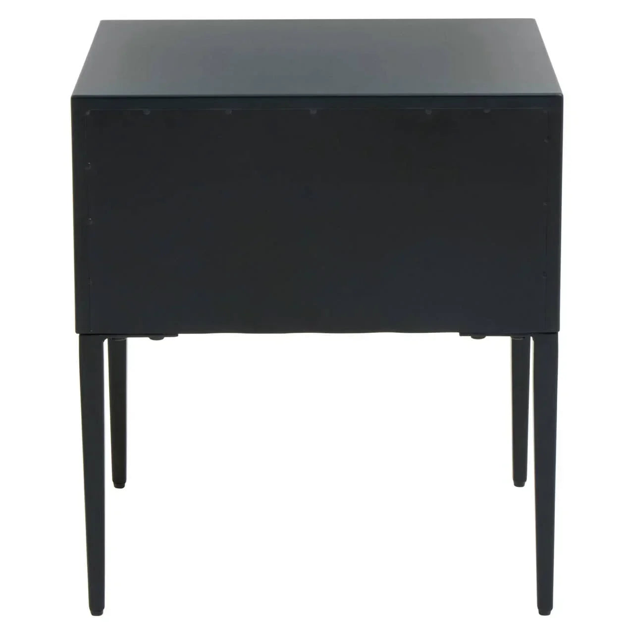 Black metal side table with four slender legs, photographed from the rear angle