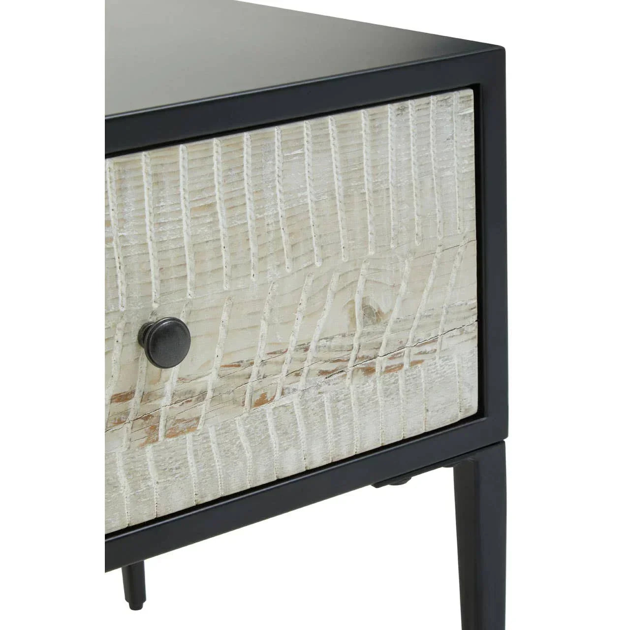Wooden bedside table with textured drawer front and black metal knob on angled black legs