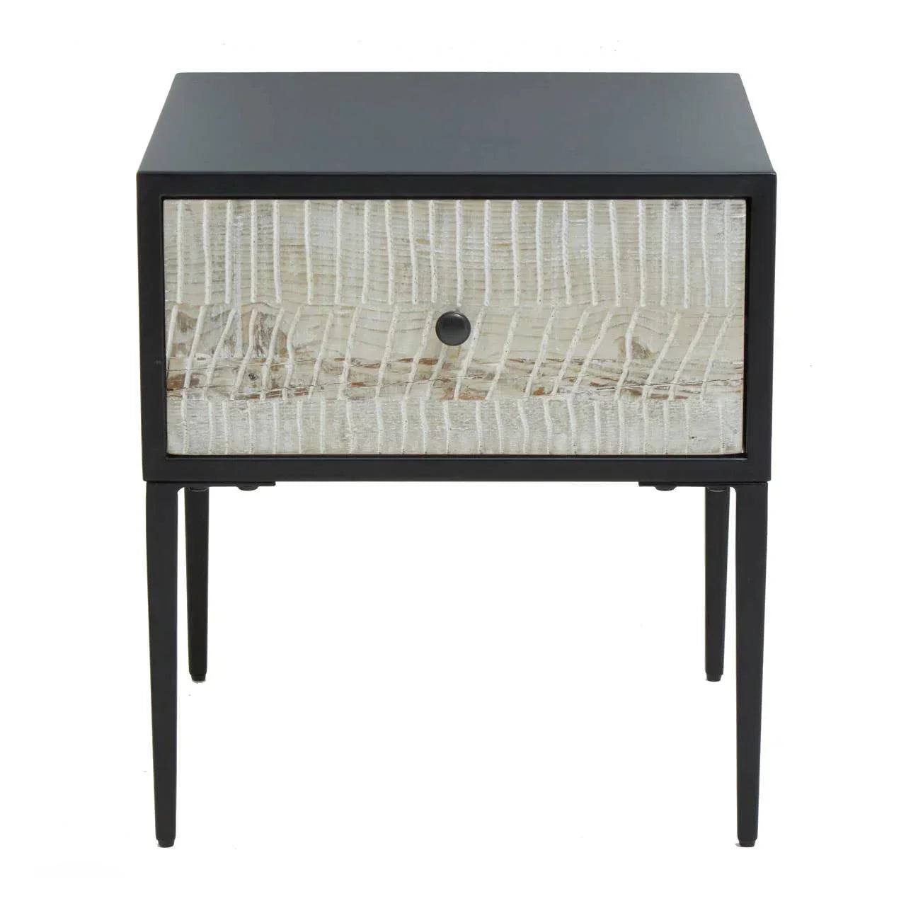 Modern bedside table with textured drawer front and slim black metal legs