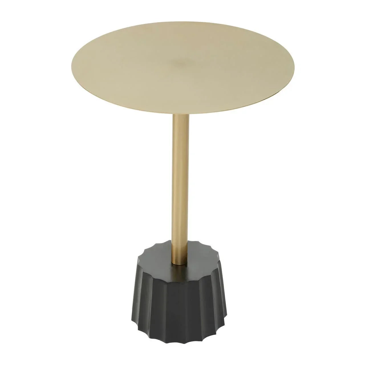 Round gold metal side table with fluted black base and slim central support