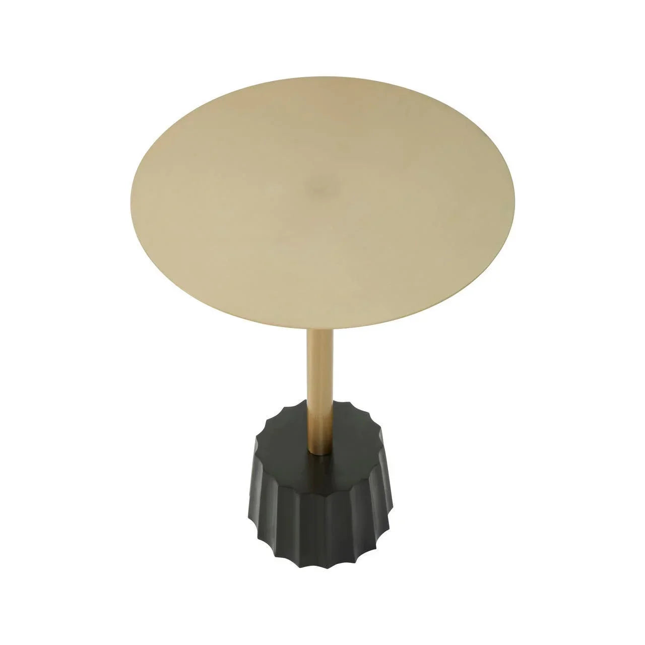 Round gold metal side table with fluted black base, modern accent furniture piece