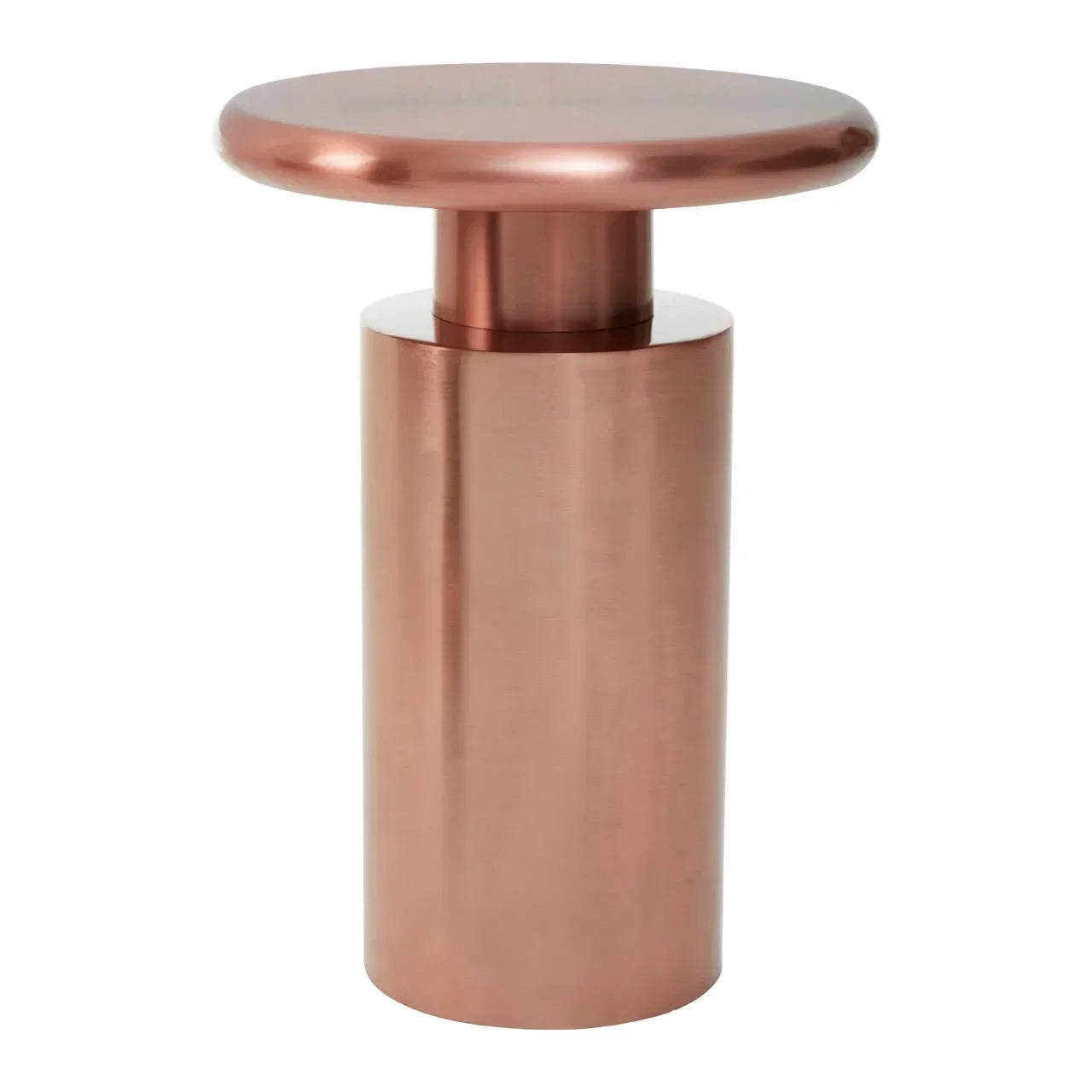 Round copper metal side table with cylindrical base and smooth top