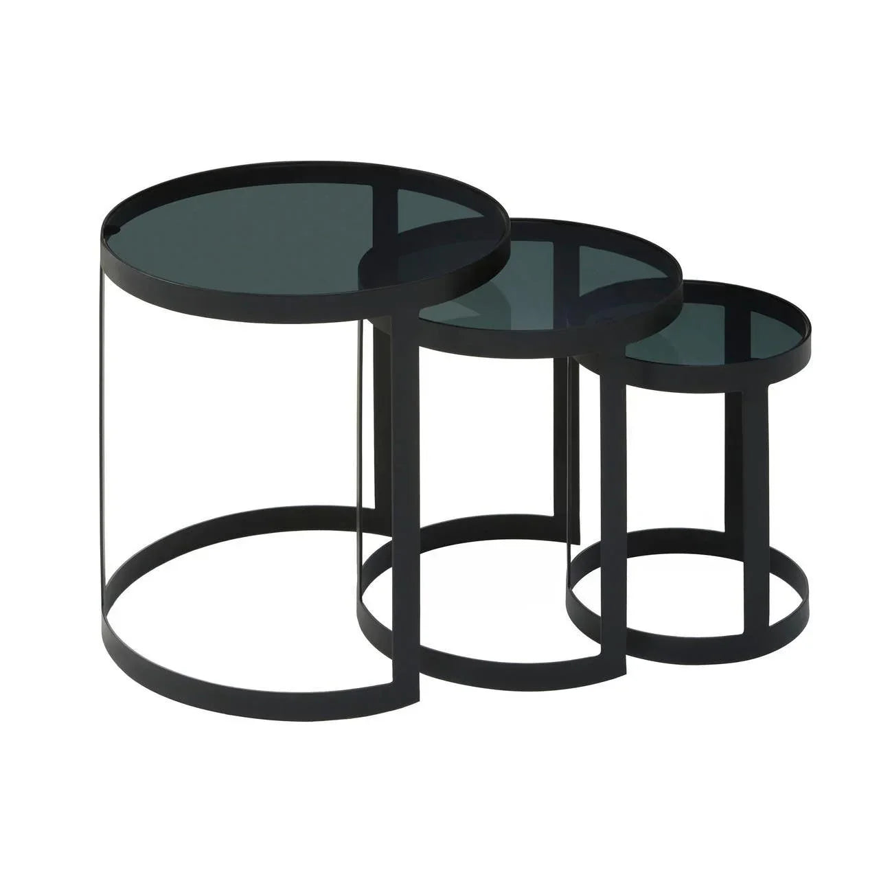 Set of three black metal nesting tables with round smoked glass tops