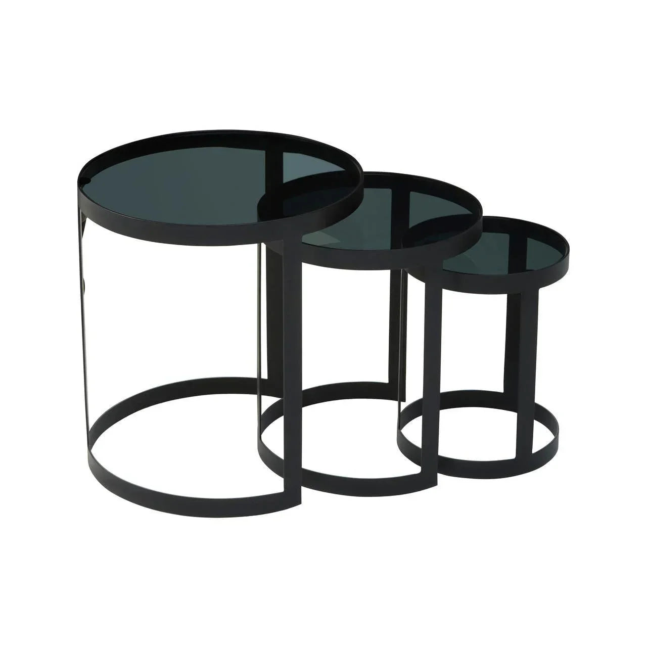 Set of three round black glass nesting tables with metal frames