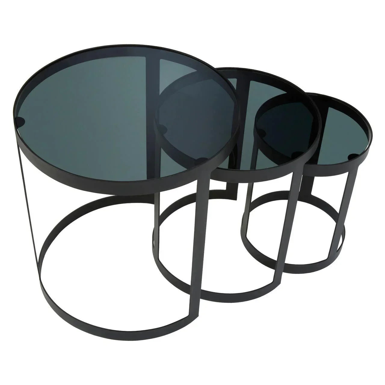 Black metal nesting tables with round smoked glass tops, modern design, side view