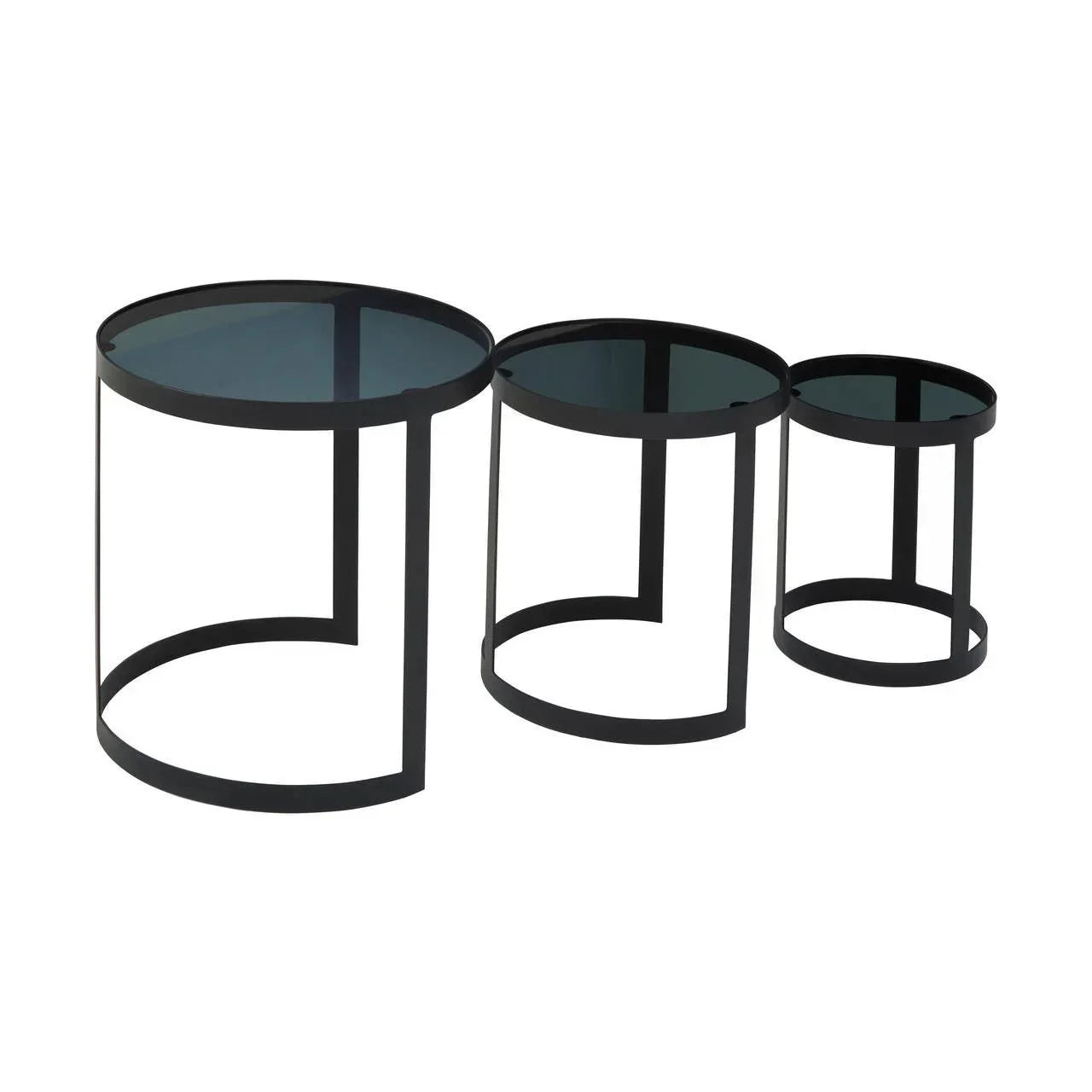 Set of three round black metal nesting tables with smoked glass tops