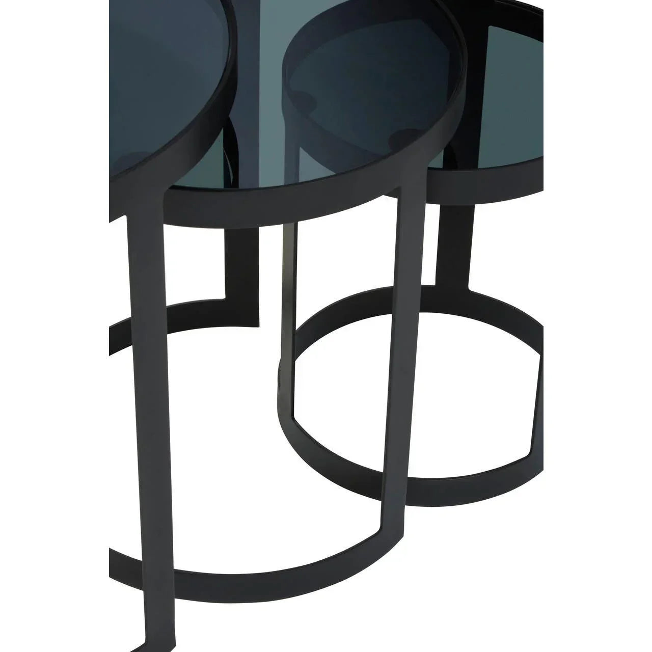 Black metal nesting tables with round smoked glass tops, partial side view