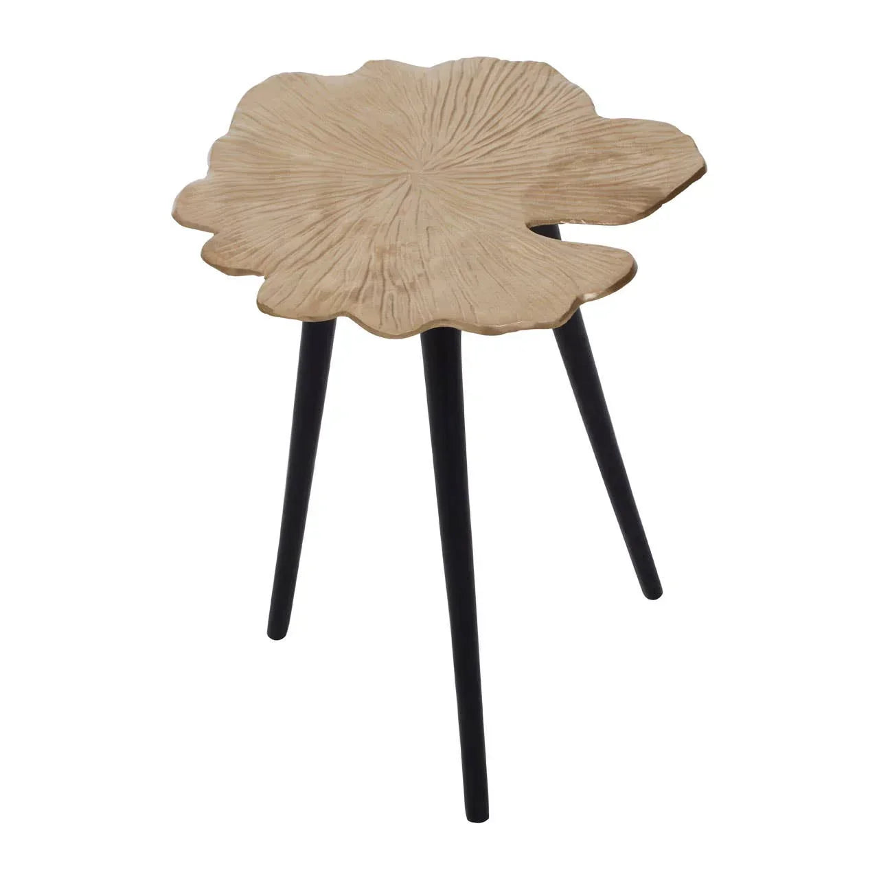 Wooden side table with leaf-shaped top and three black legs