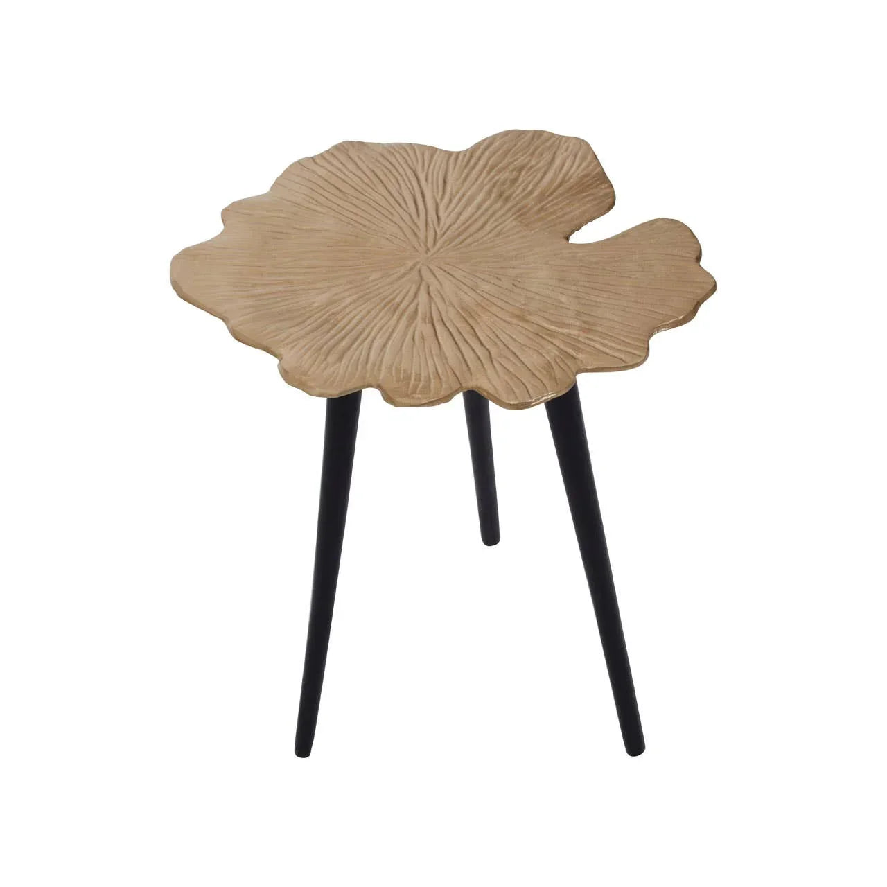 Wood effect accent side table with petal-shaped top and three black legs