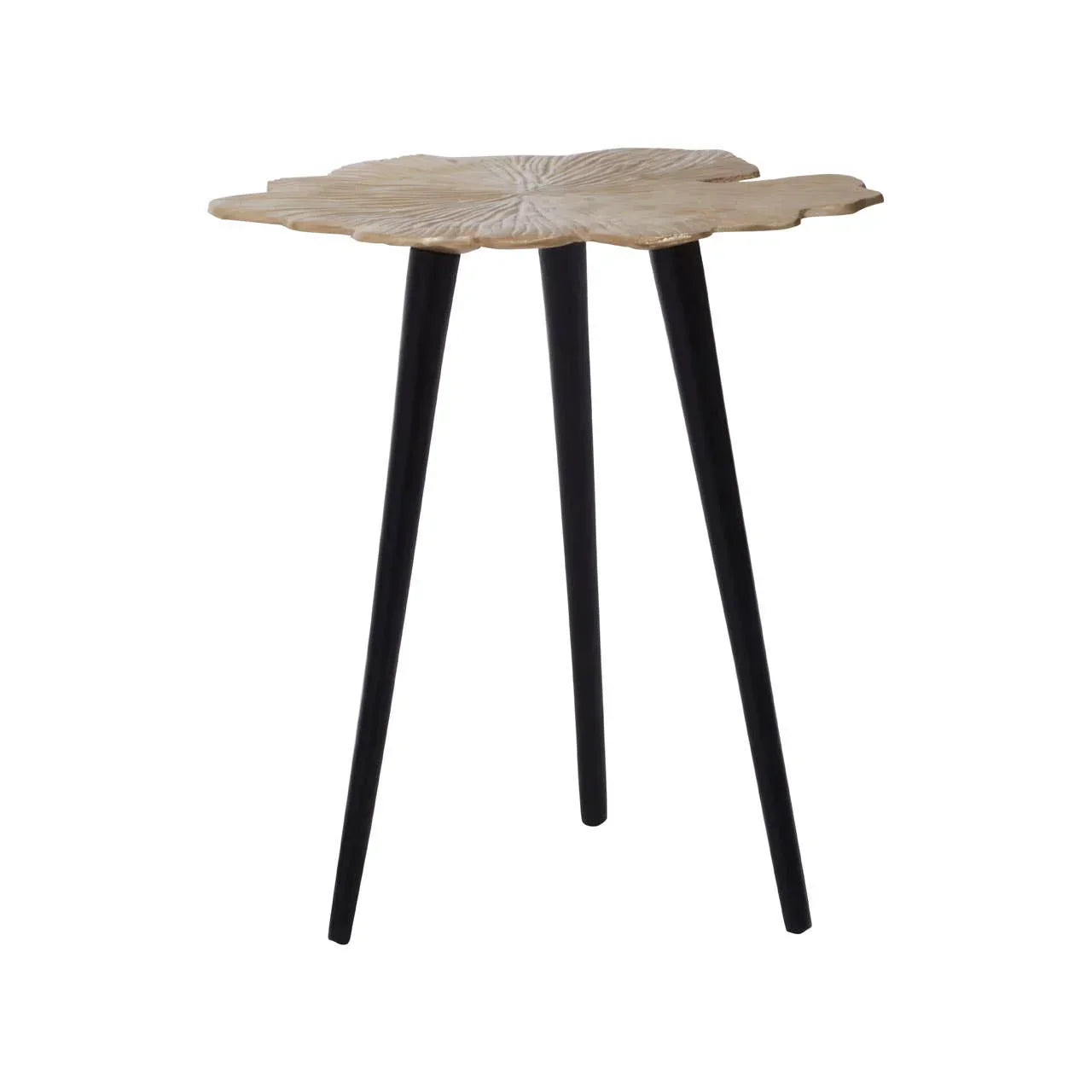 Gold accent side table with textured flower-shaped top and three black legs