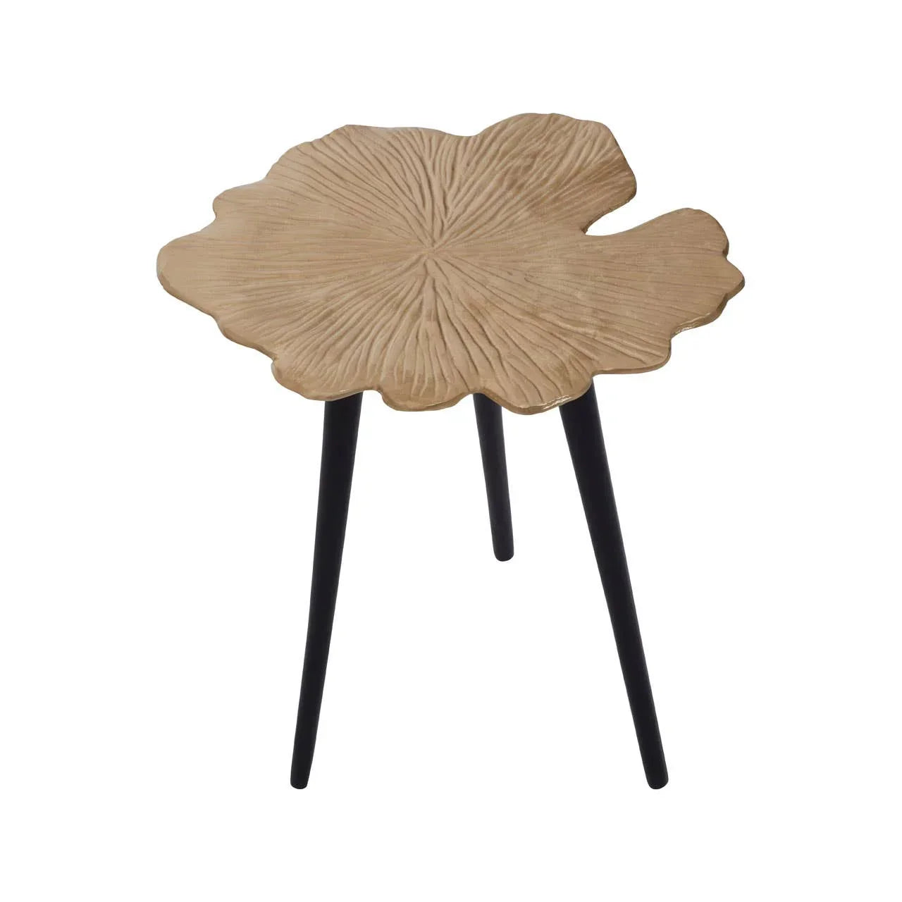 Wooden side table with leaf-shaped top and three black legs