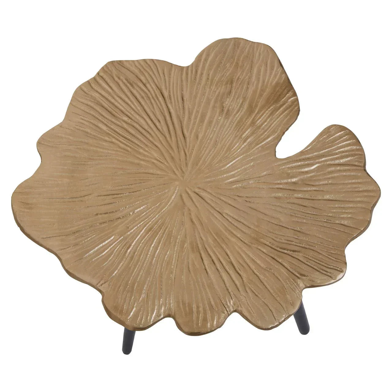 Gold leaf-shaped side table with textured surface and black legs, top view