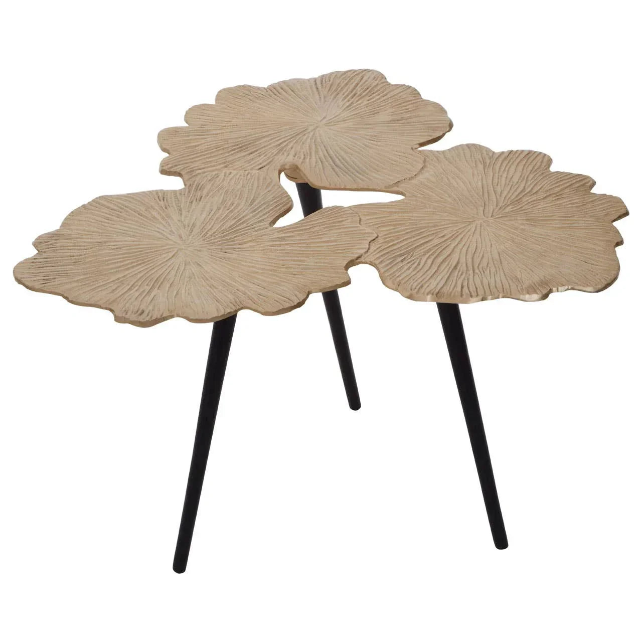 Wooden accent table with three carved leaf-shaped tops and black metal legs