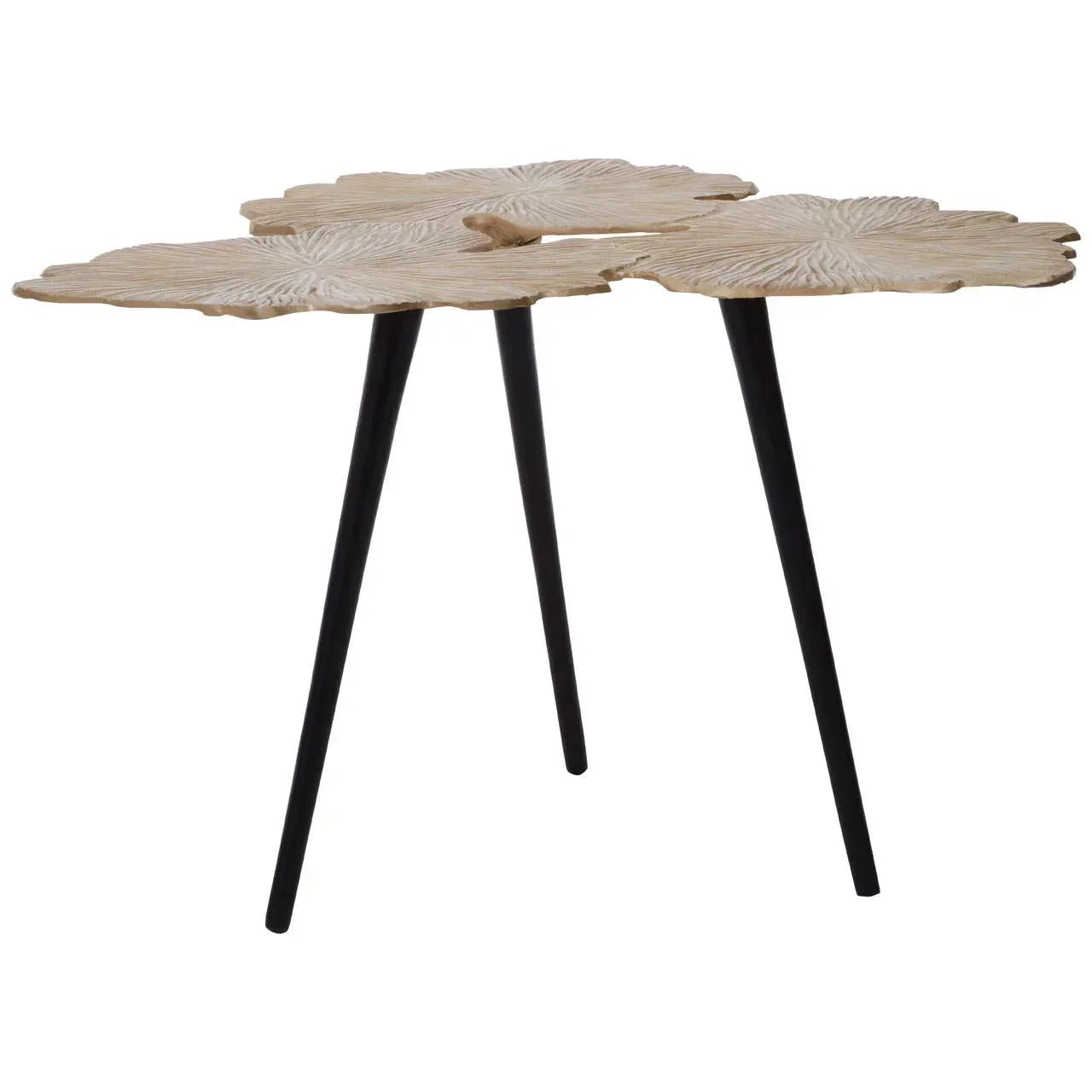 Modern side table with leaf-shaped gold top and three black metal legs