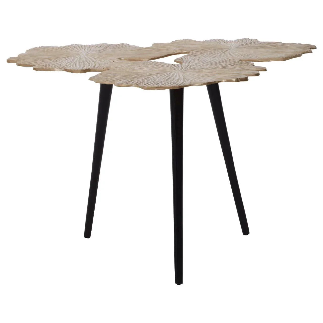 Contemporary side table with leaf-shaped wooden top and black metal legs