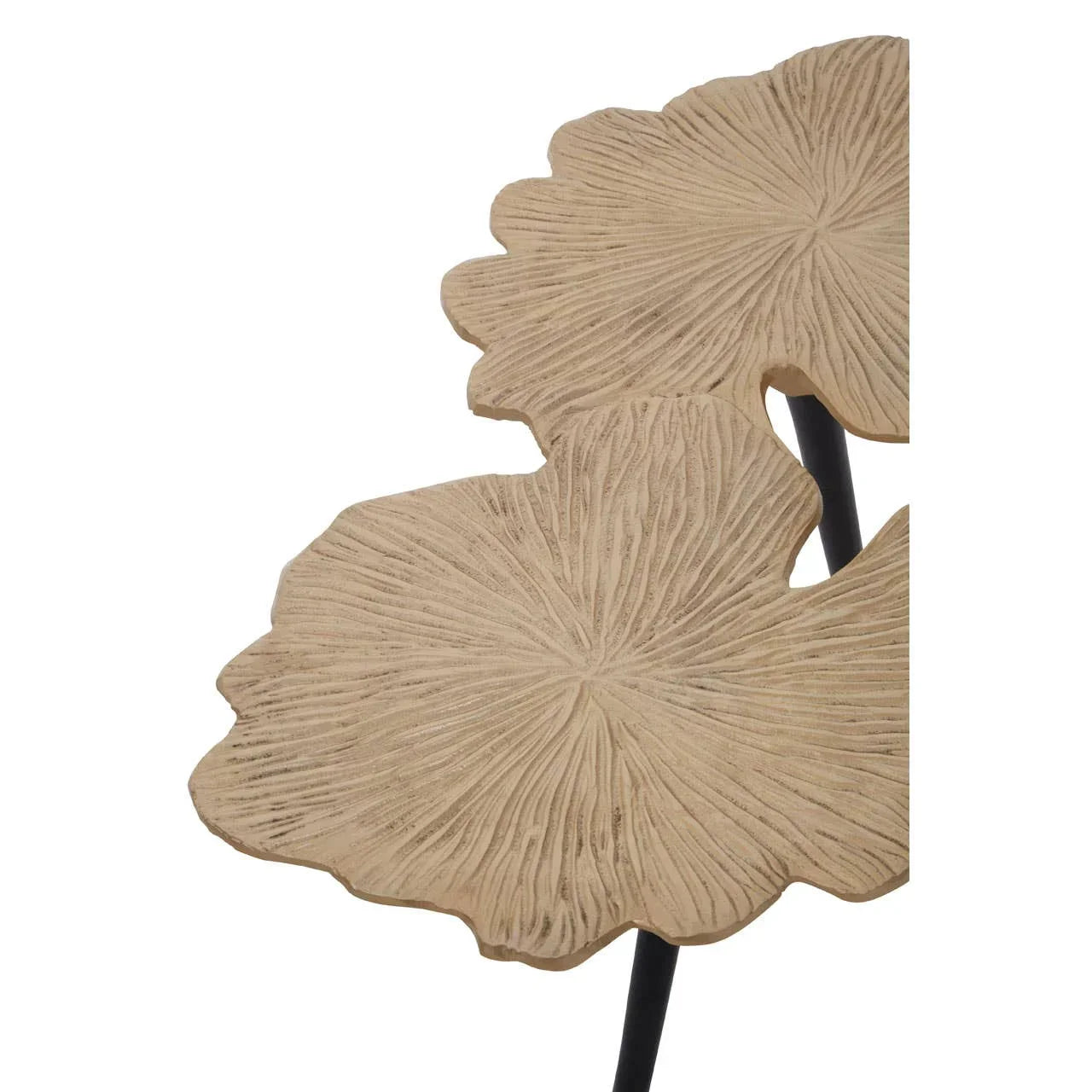 Wooden side table with carved leaf-shaped top and black metal legs