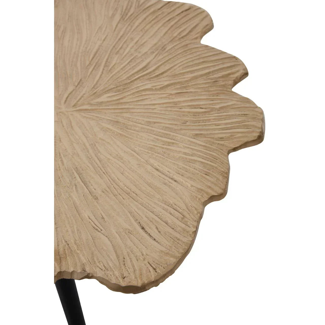 Close-up of textured wooden side table top with natural leaf pattern and edge detail