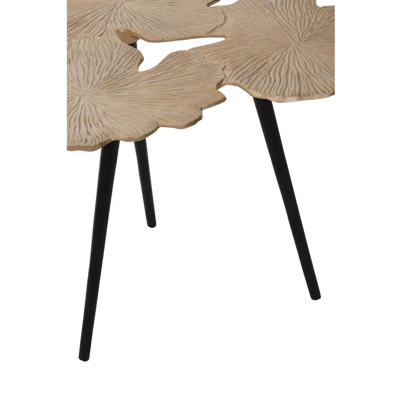 Textured wood side table with leaf-shaped top and black metal legs