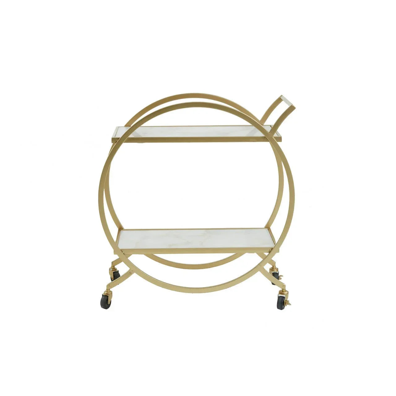 Gold round bar cart with two marble shelves and rolling wheels