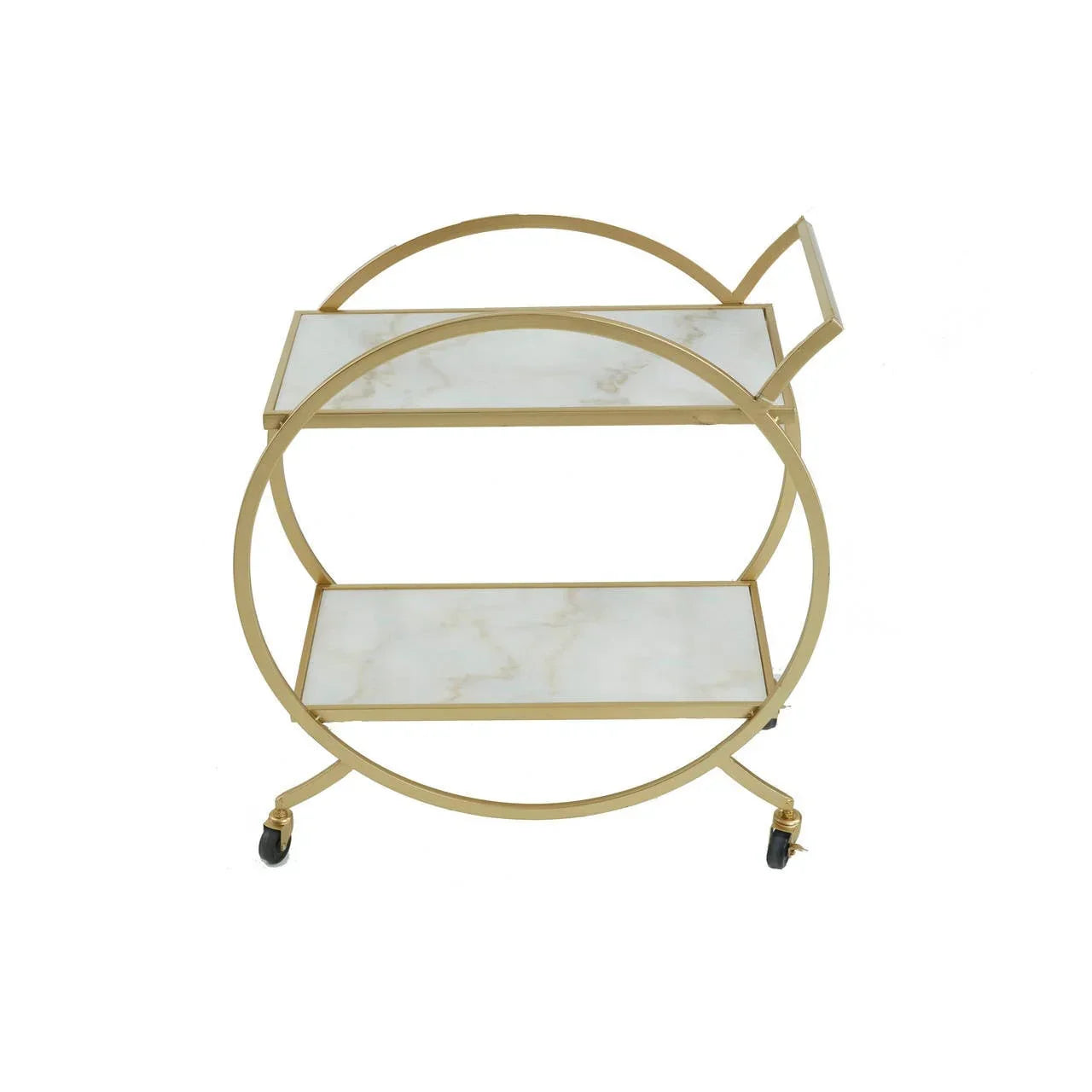 Gold frame drinks trolley with two white marble shelves and black caster wheels