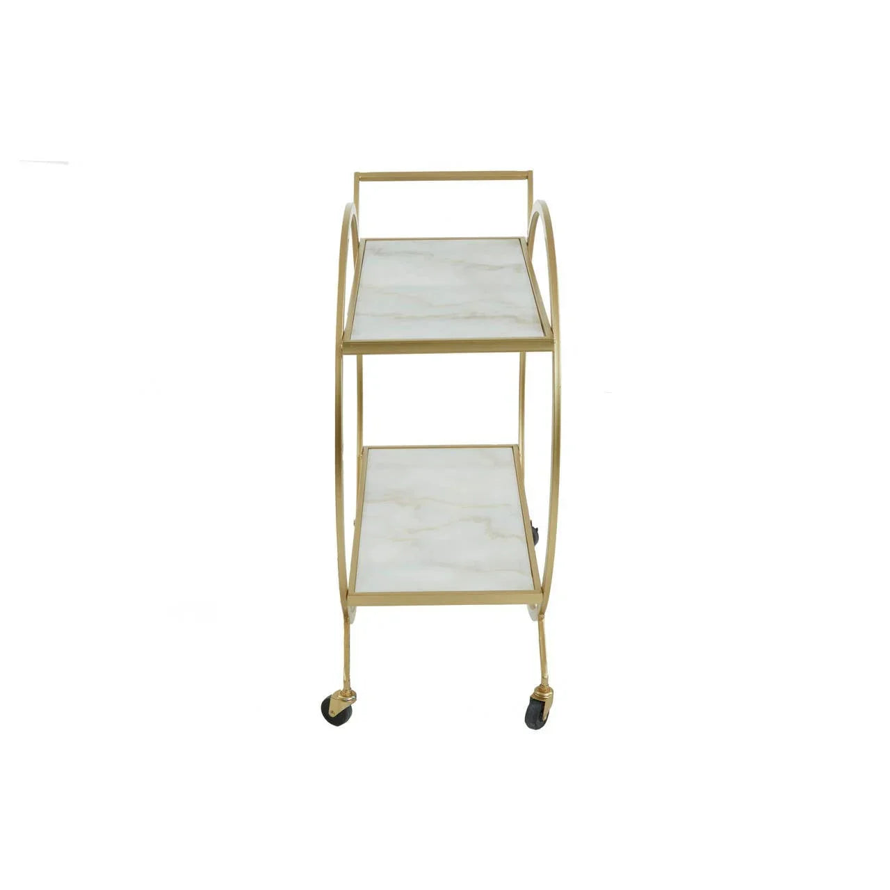 Gold metal bar trolley with two white marble shelves and wheels, front view