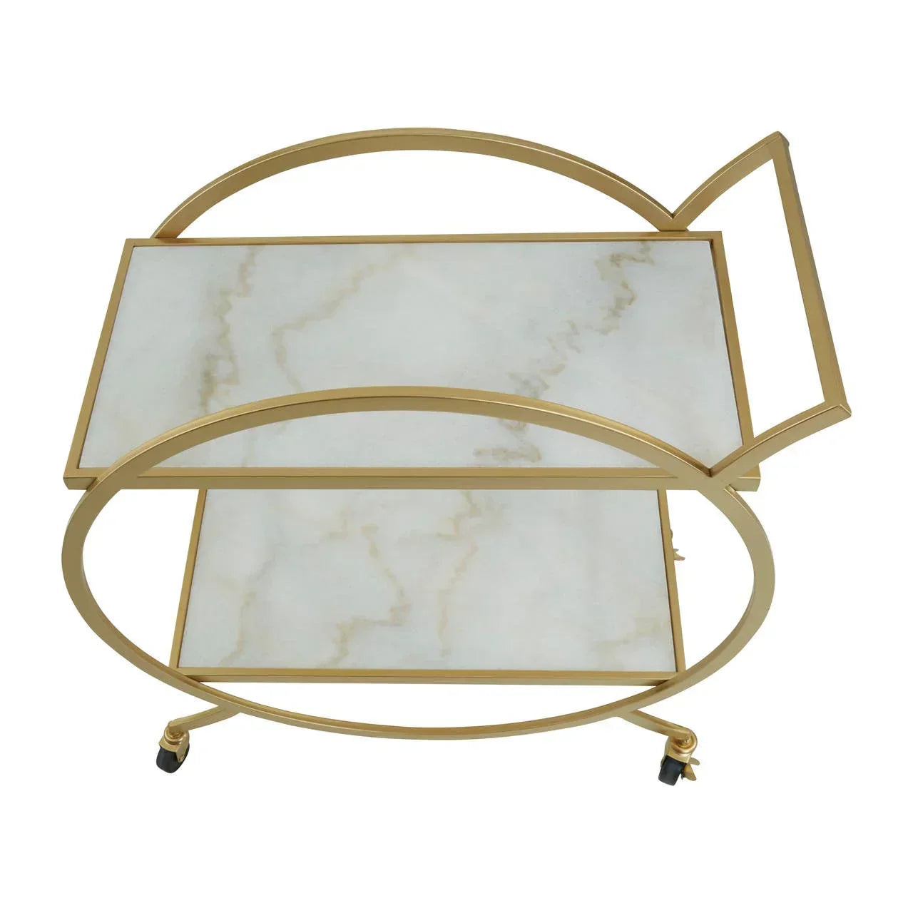 Gold metal bar cart with two marble effect shelves and caster wheels, top view