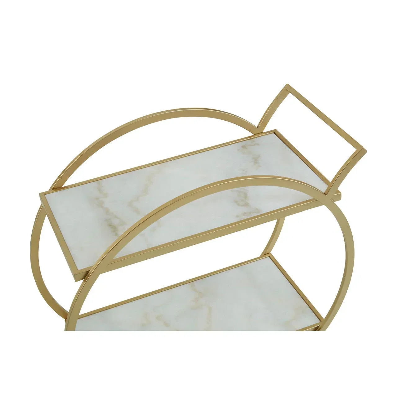Gold metal and white marble effect drinks trolley with two shelves, angled side view
