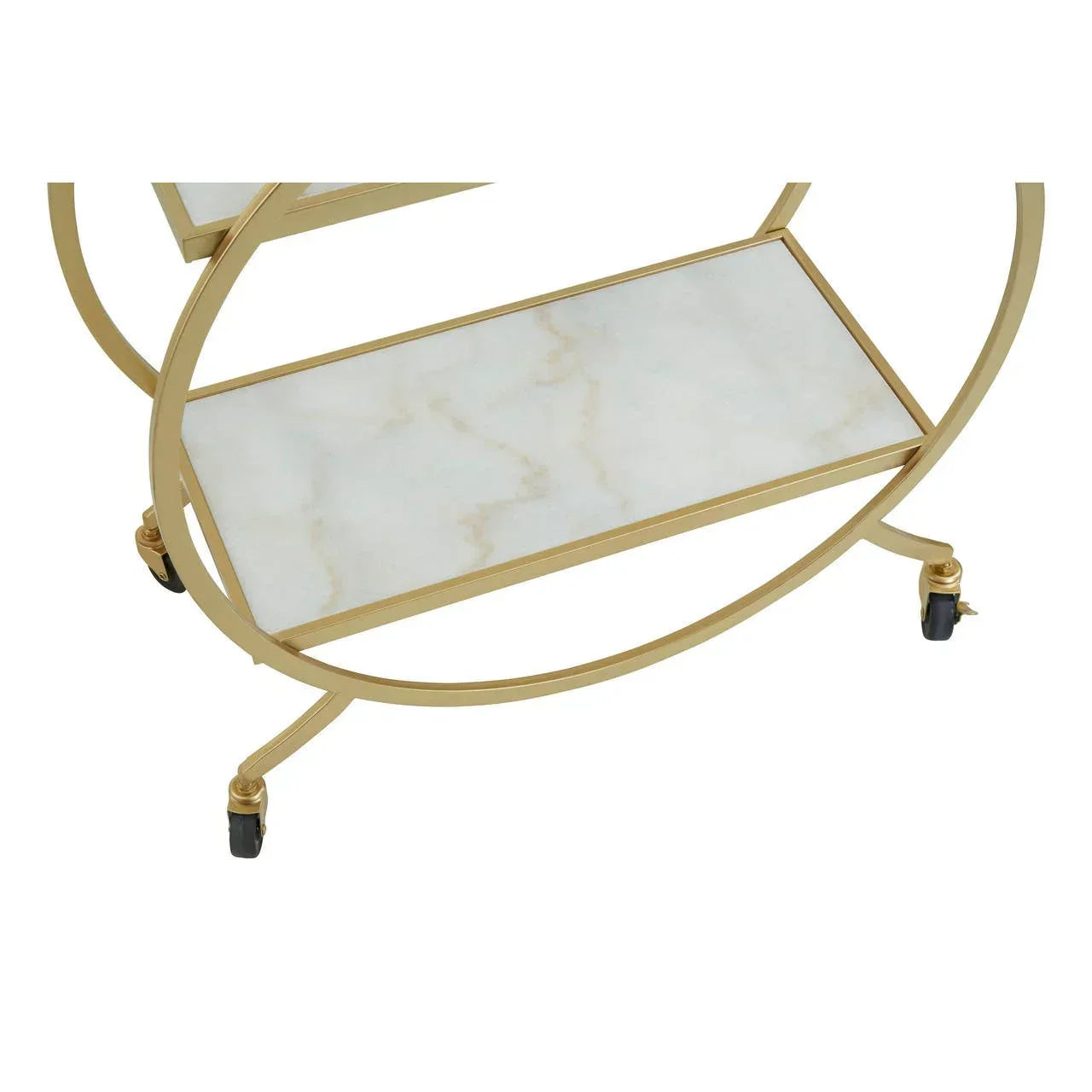 Gold bar cart with marble-effect shelf and black castor wheels close-up