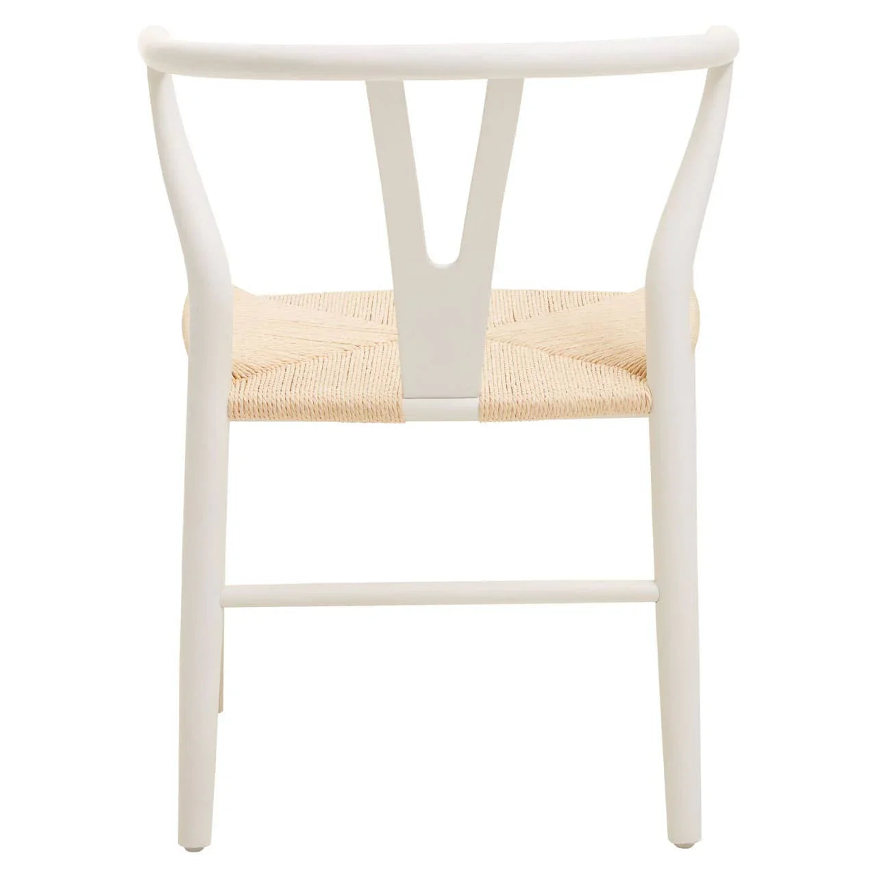 White dining chair with curved backrest and woven natural seat, rear view