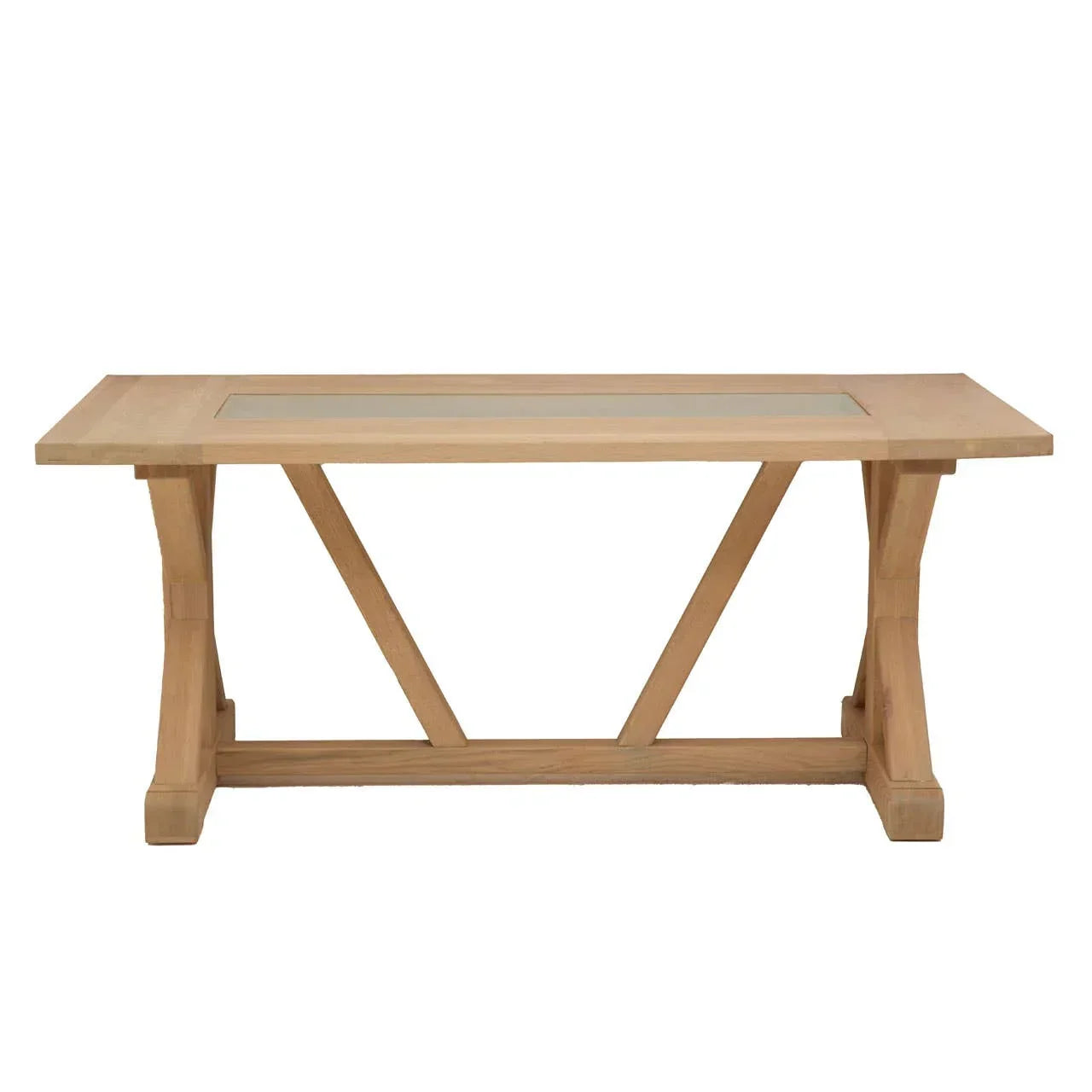 Oak dining table with glass insert and trestle legs, front view