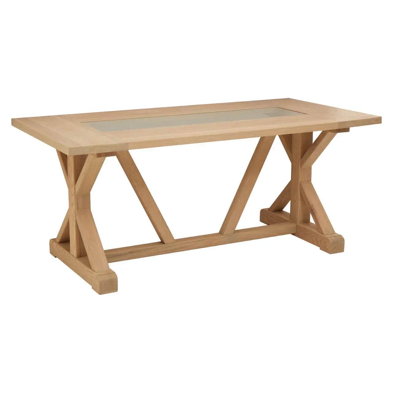Rectangular oak dining table with glass insert and trestle base, angled side view