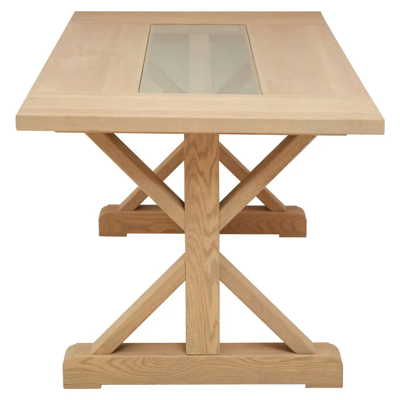 Oak dining table with trestle base and central glass panel, front view