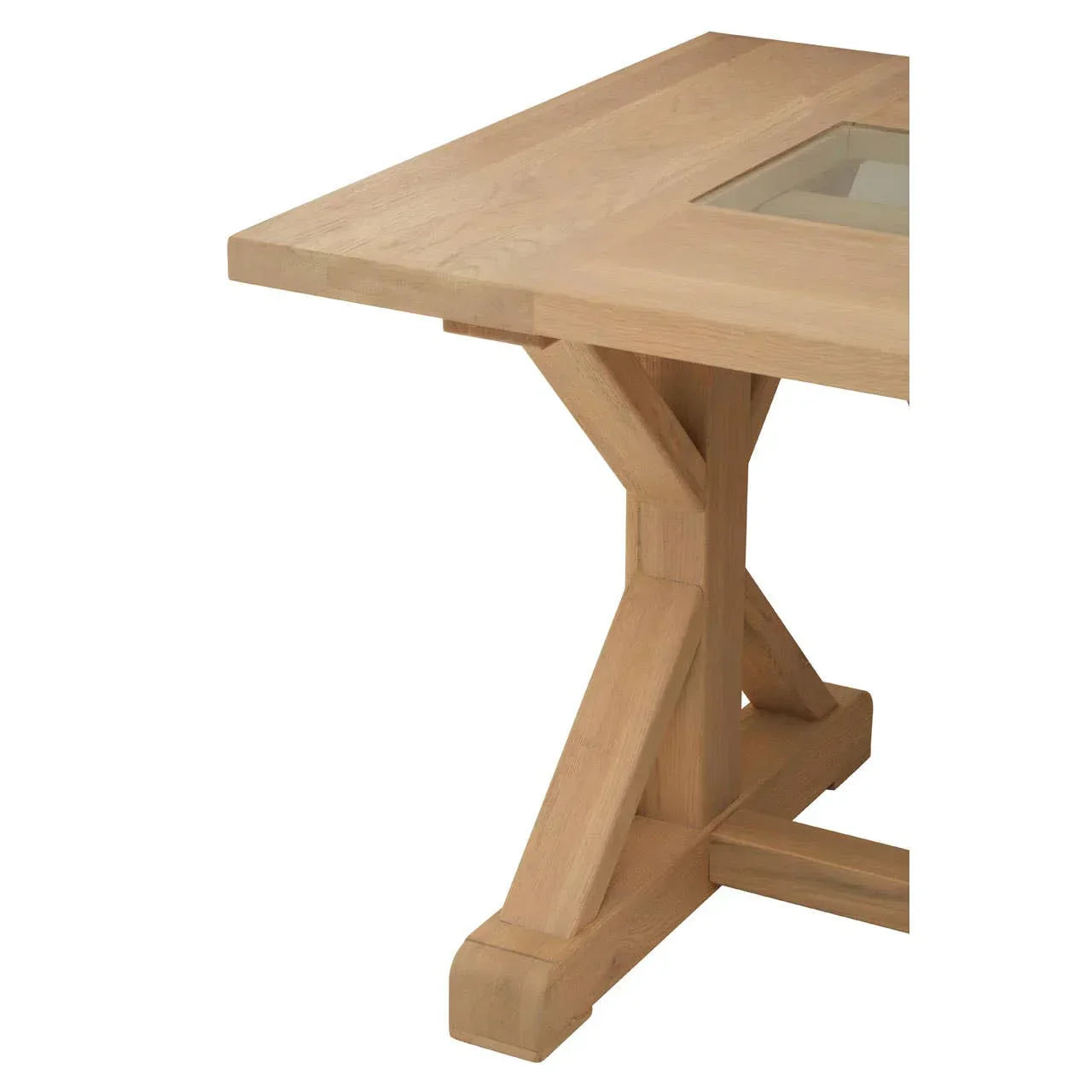 Oak dining table corner with trestle leg and glass inlay top, close-up view