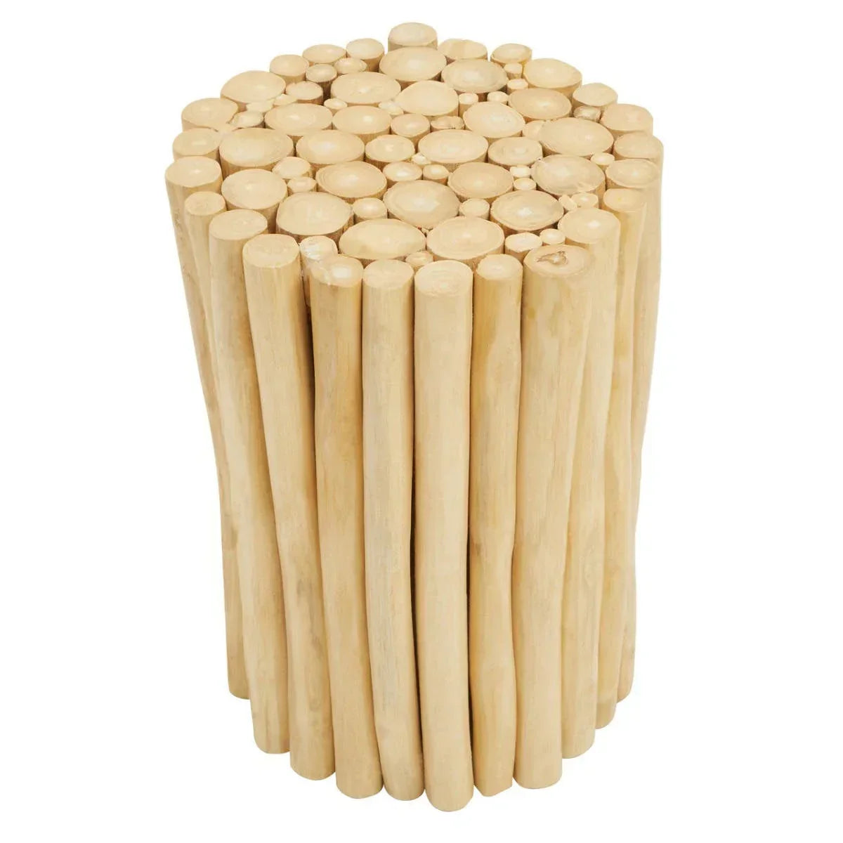 Natural wood side table with cylindrical stick design and smooth round top