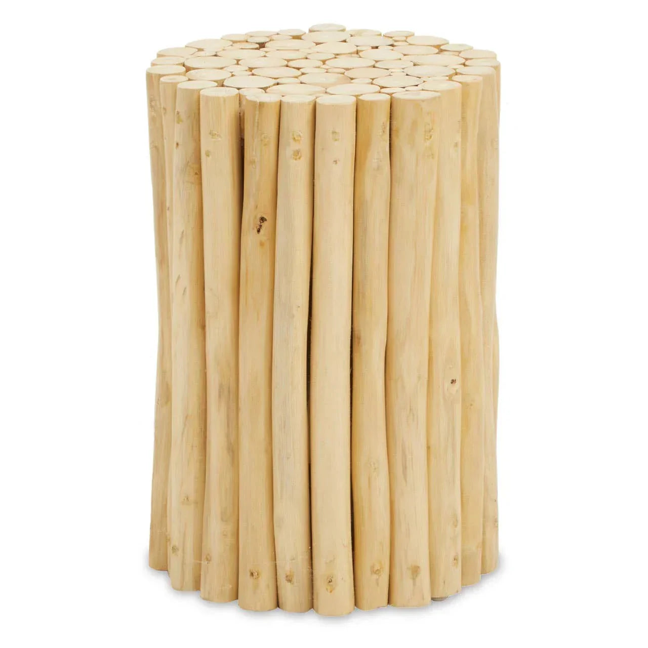 Round natural wooden stool with vertical branch design and smooth sanded finish