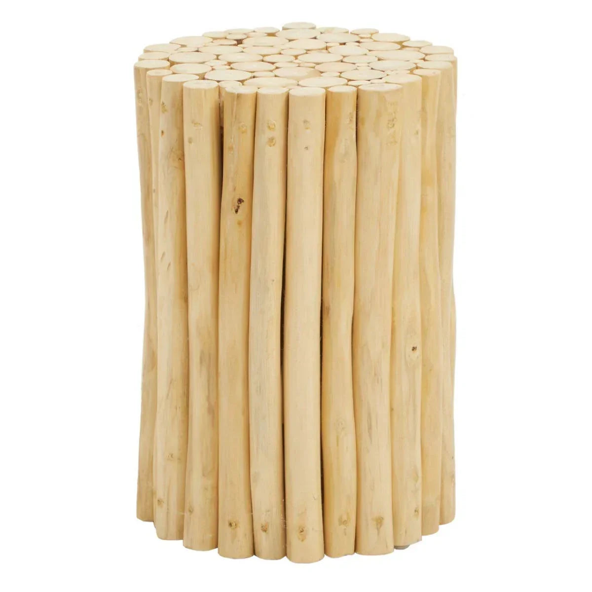 Round natural wood side table made from vertical wooden branches for modern interiors