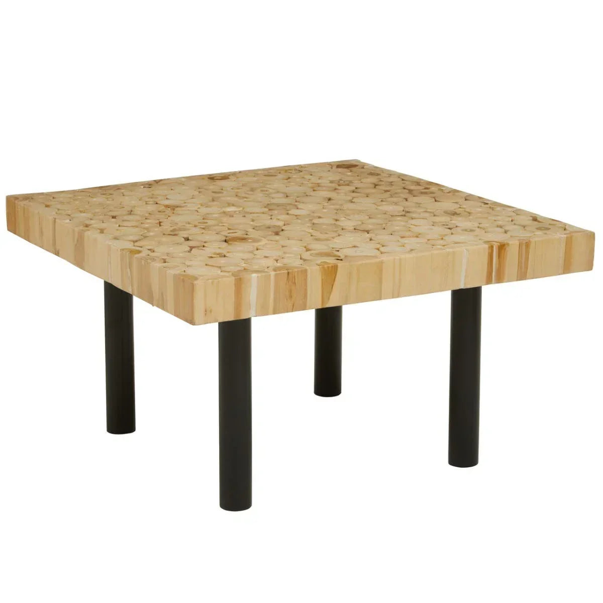 Square wooden coffee table with textured top and black cylindrical legs