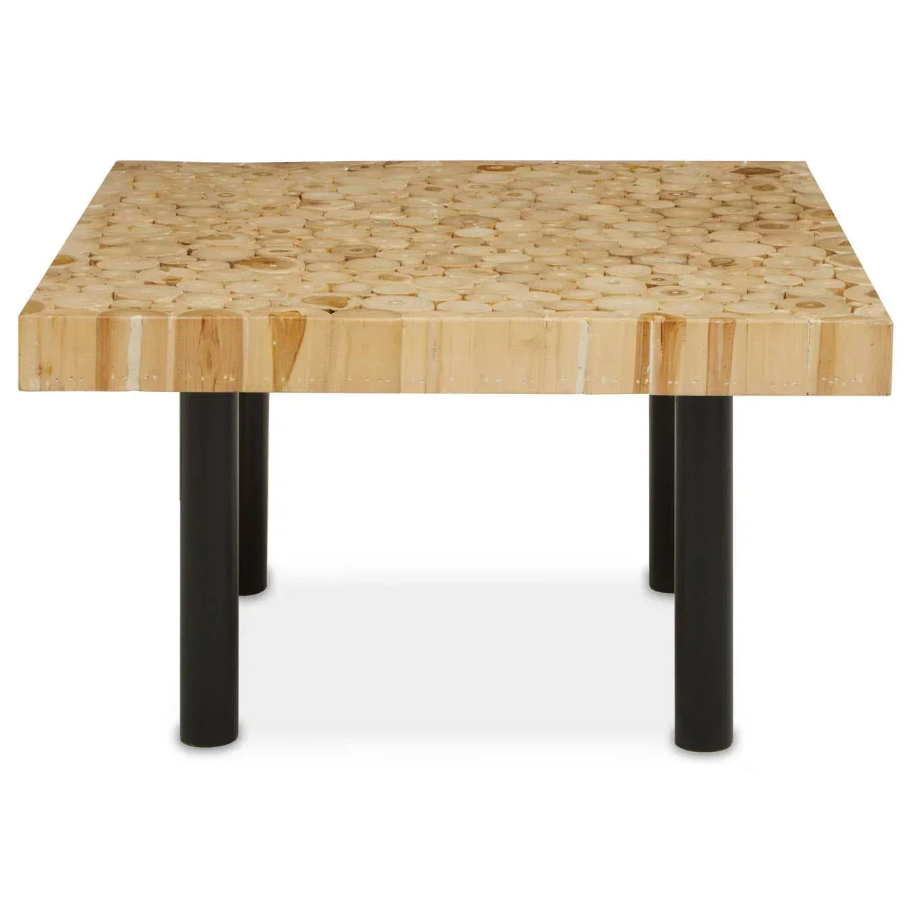 Square coffee table with natural wood block top and black metal legs, front view