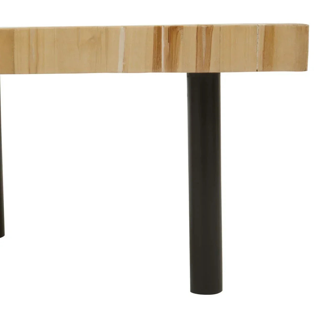 Wooden table top close-up with black metal legs, modern furniture design detail