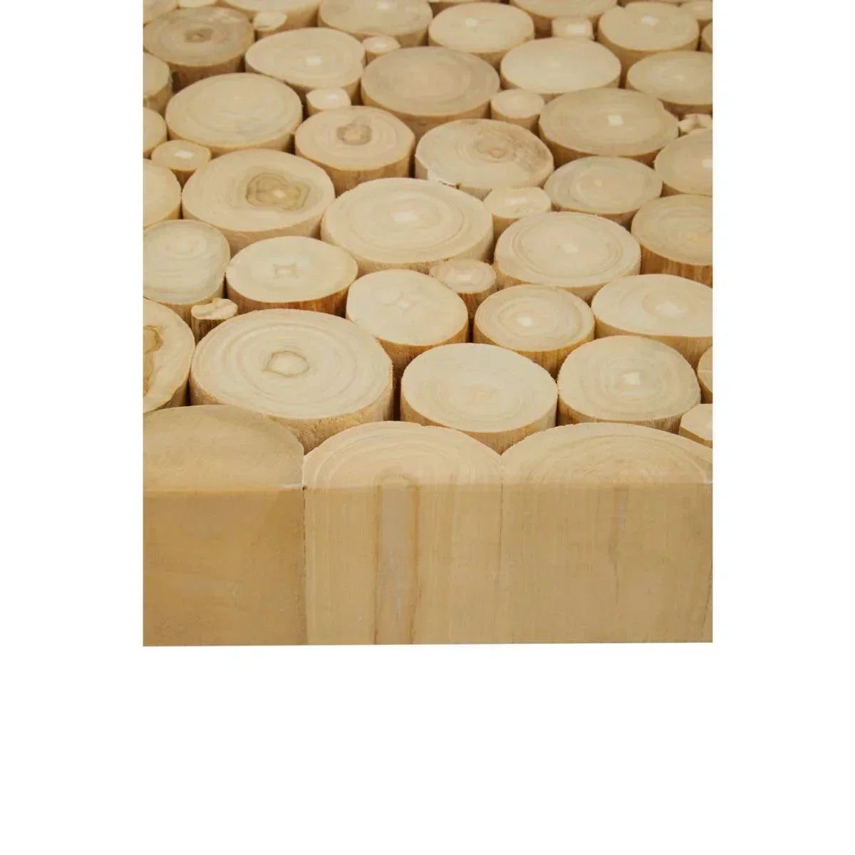 closeup of wooden coffee table top showing natural wood slice design and light finish