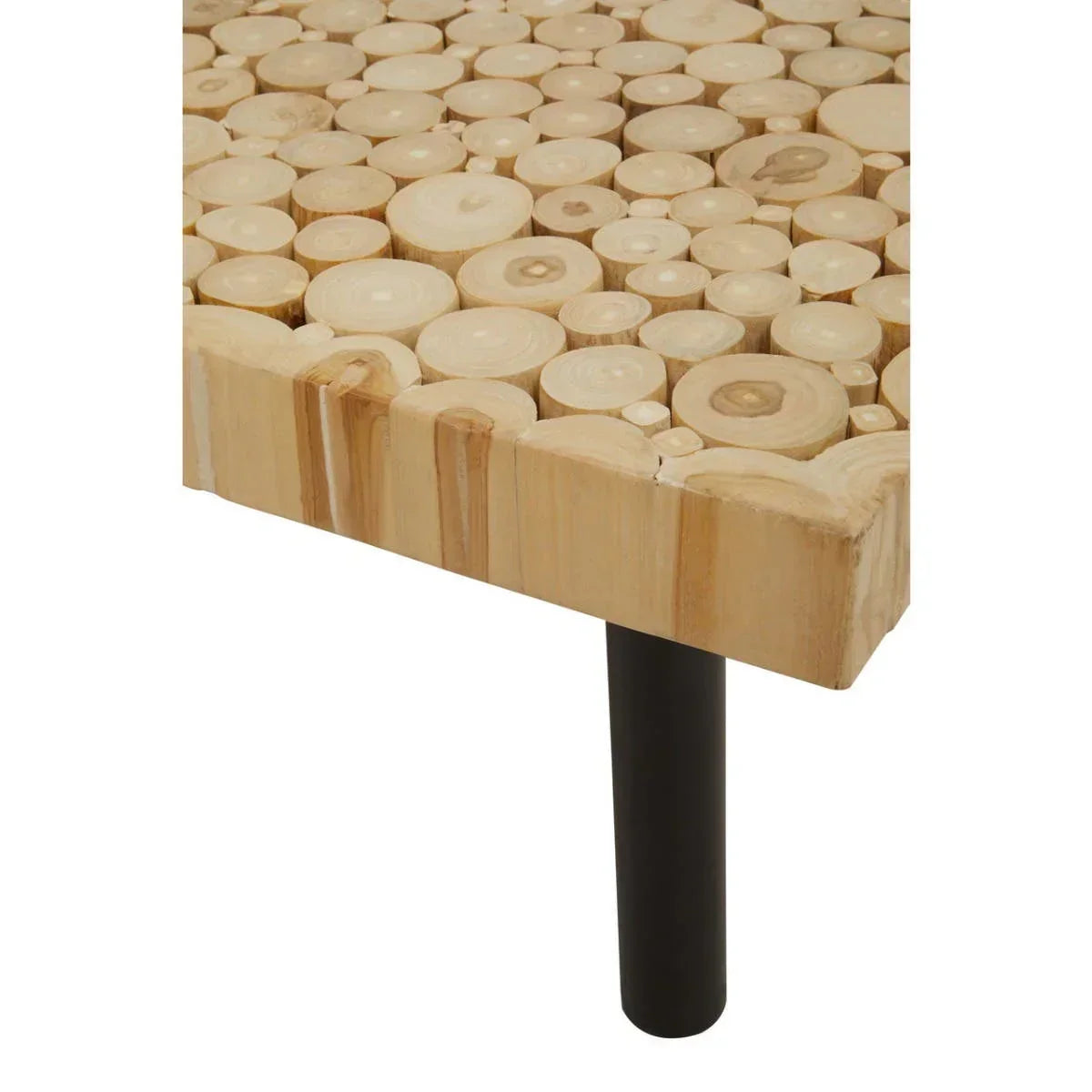Wood slice coffee table top with black metal leg, close-up corner view