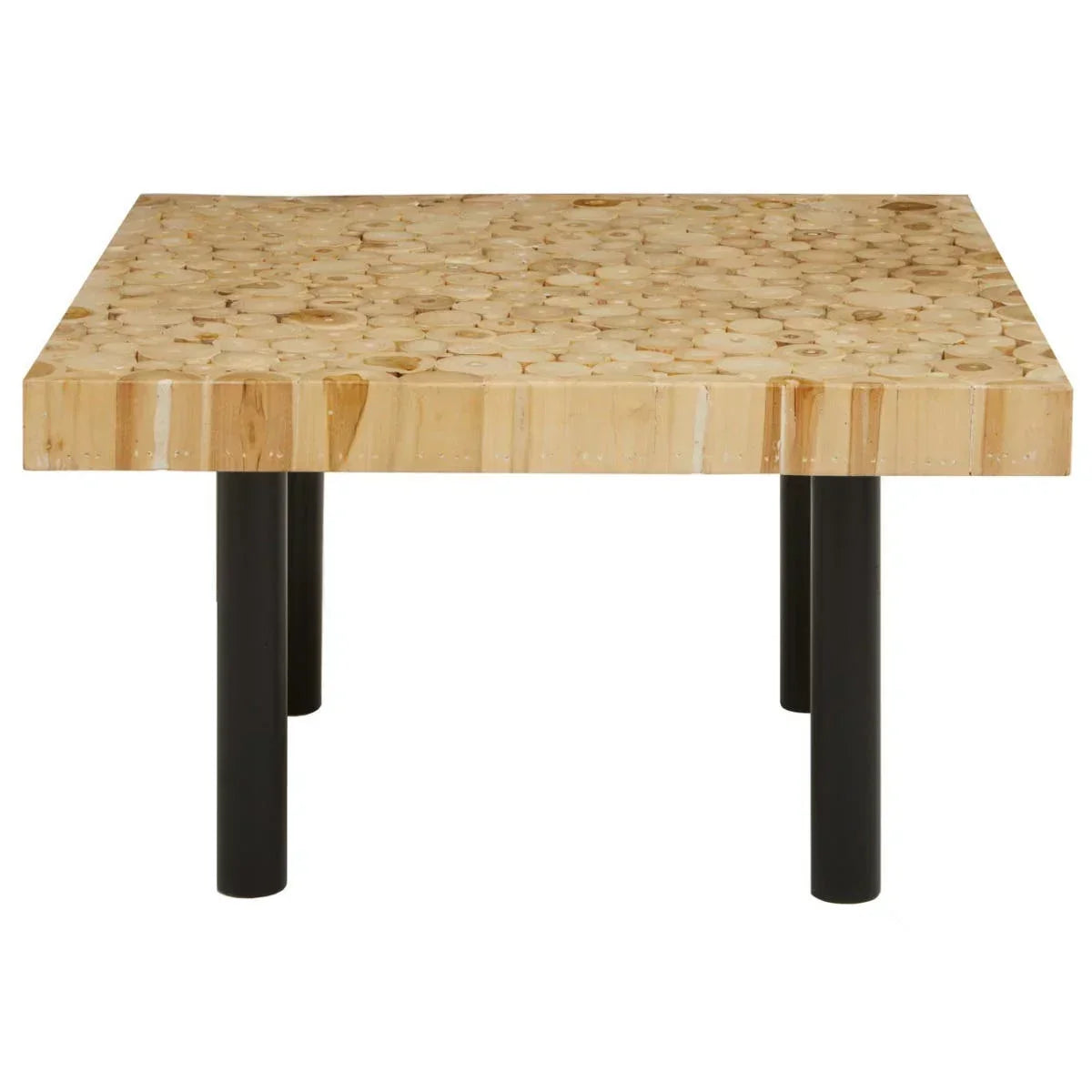 Square wood coffee table with natural block top and black cylindrical legs, front angle view