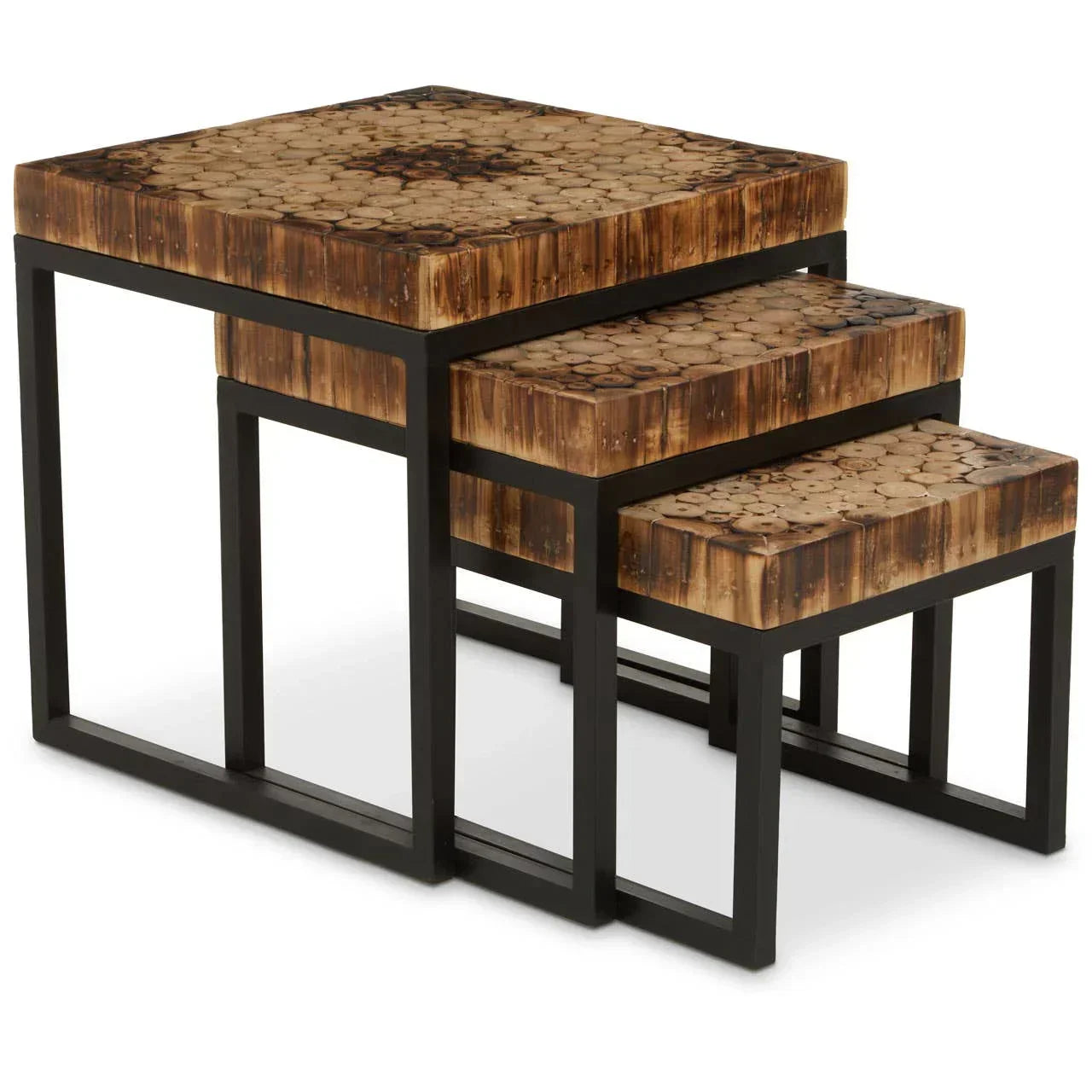 Wood and metal nesting tables set with geometric pattern tops and black frames