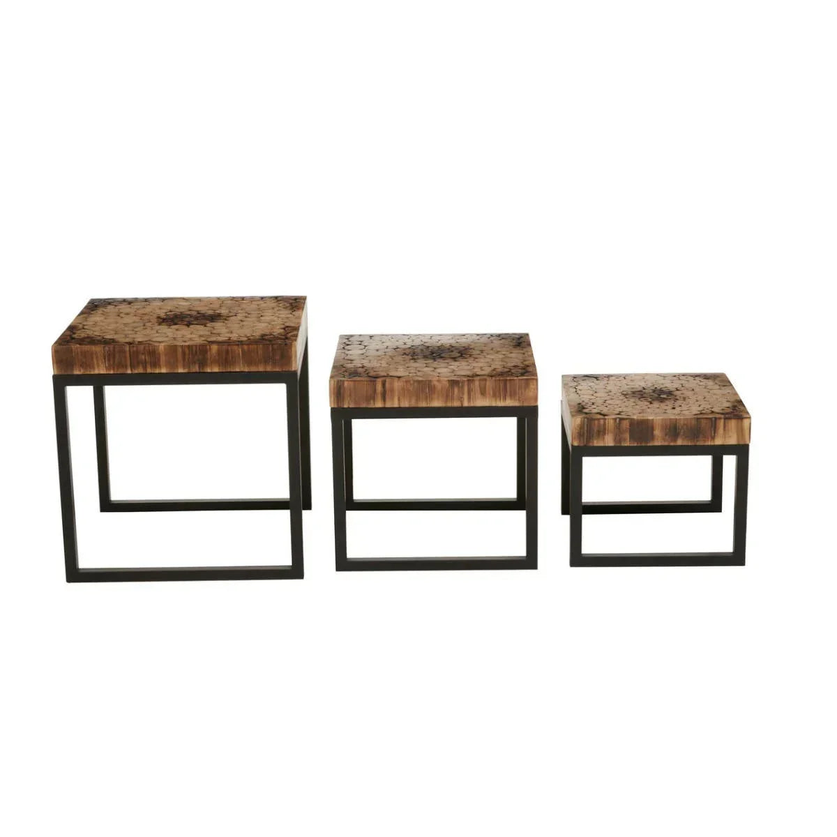 Set of three wooden nesting tables with square metal legs and rustic patterned tops