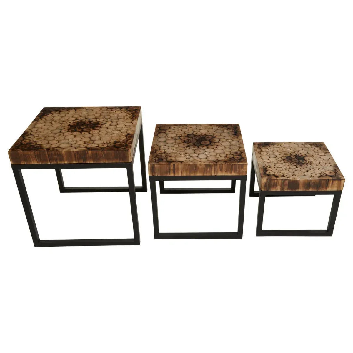 Set of three square wood and metal nest tables with natural slice tops