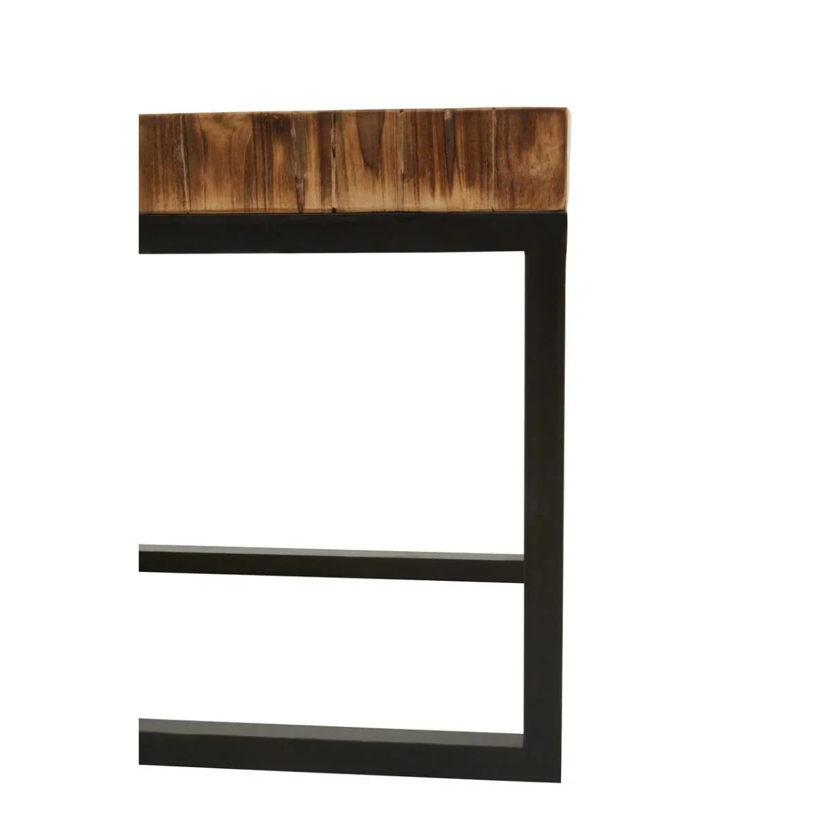 Closeup of wooden table top with black metal frame and minimalist industrial style
